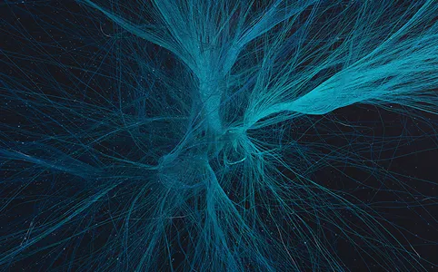 Blue wavy fiber optic strands or light trails in a dark background creating an abstract network pattern.