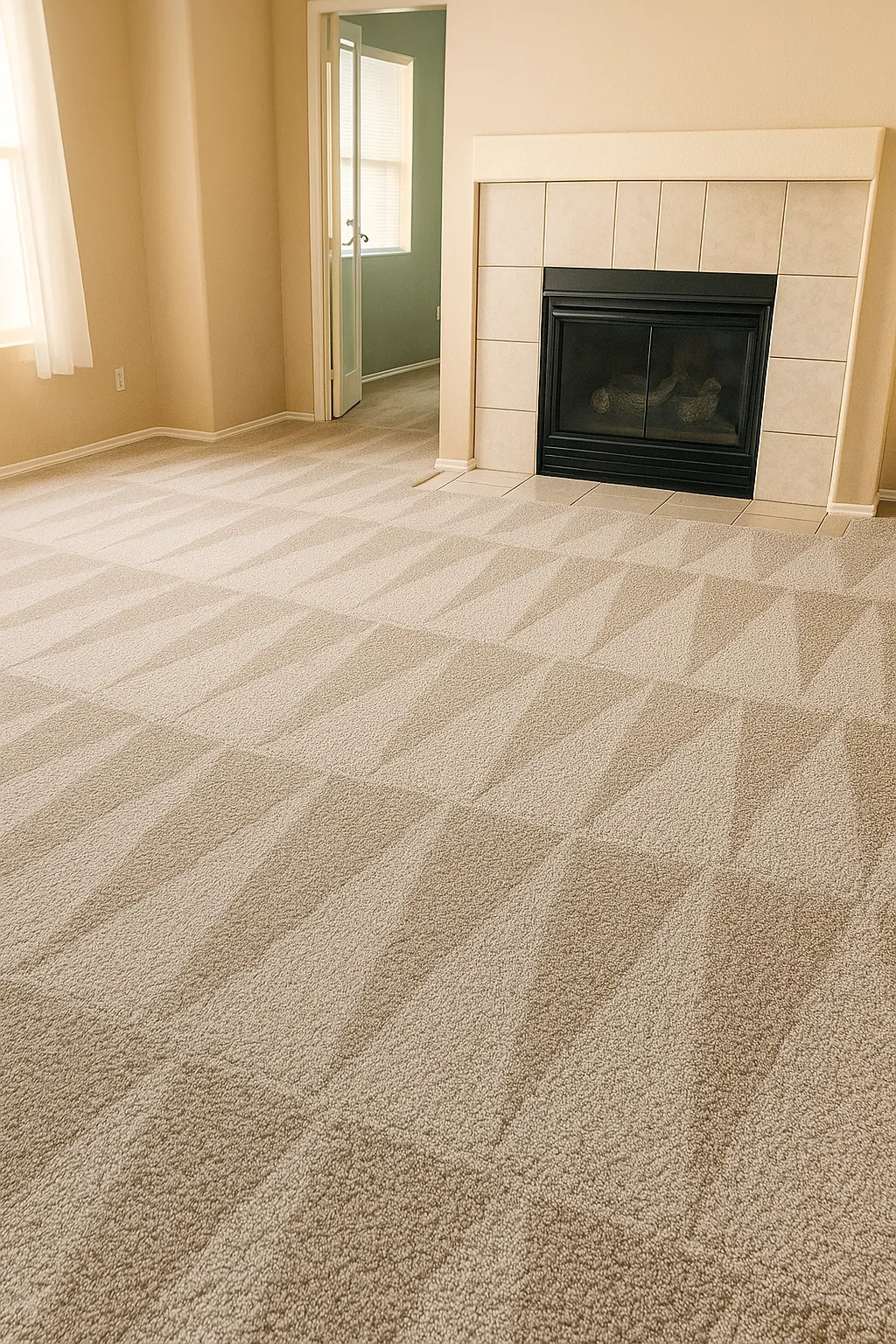 Empty beige carpeted room with a patterned clean carpet, a fireplace with tile surround, and an open doorway leading to another room.