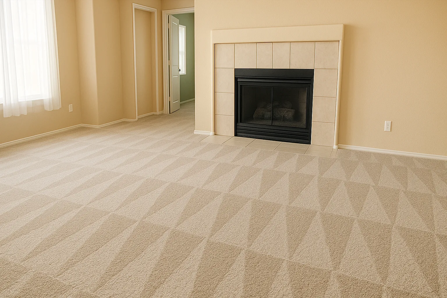 Empty beige room with patterned carpet, tiled fireplace, window with white curtain, and an open door.
