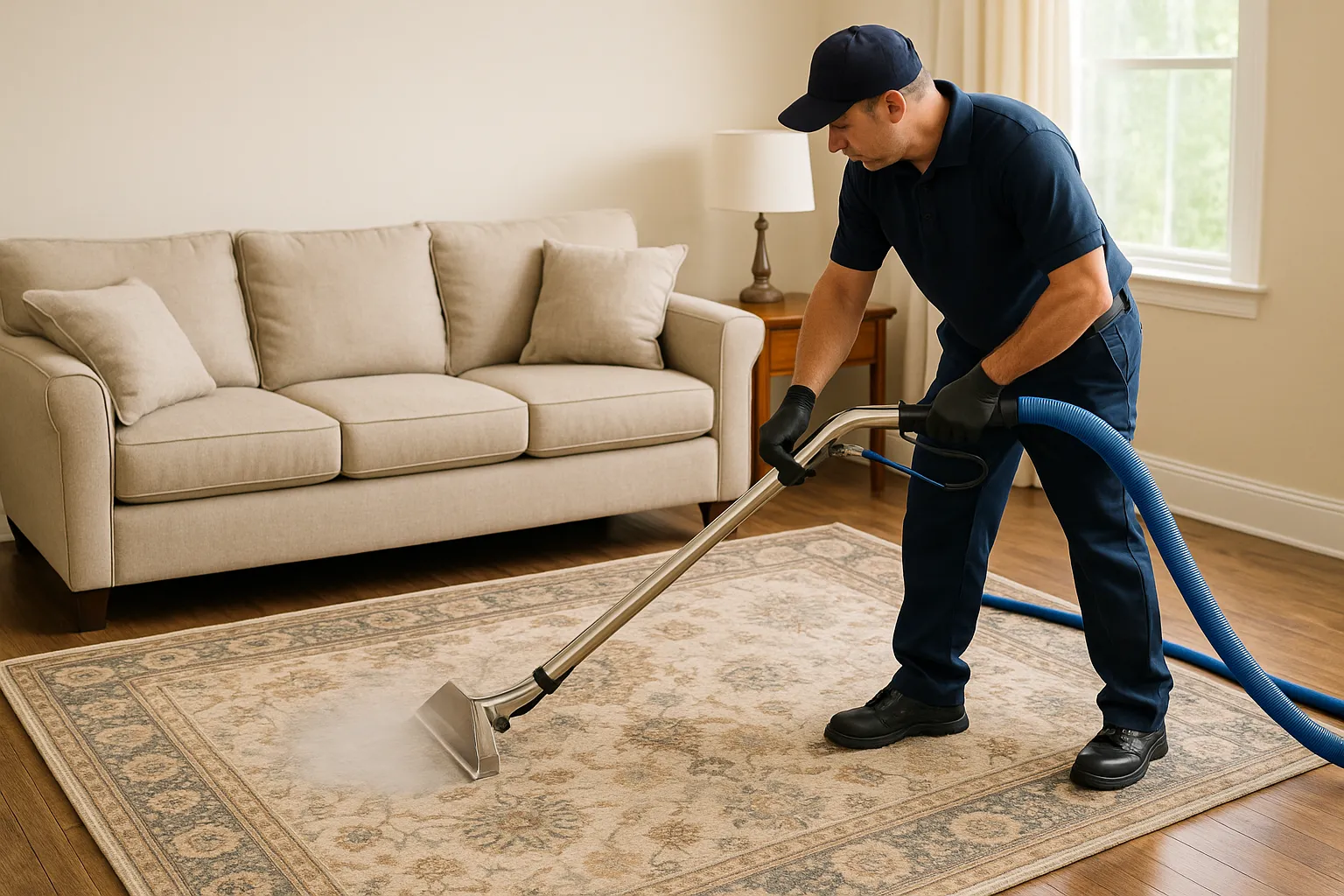 Professional cleaner using a steam cleaning machine on a patterned area rug in a living room.