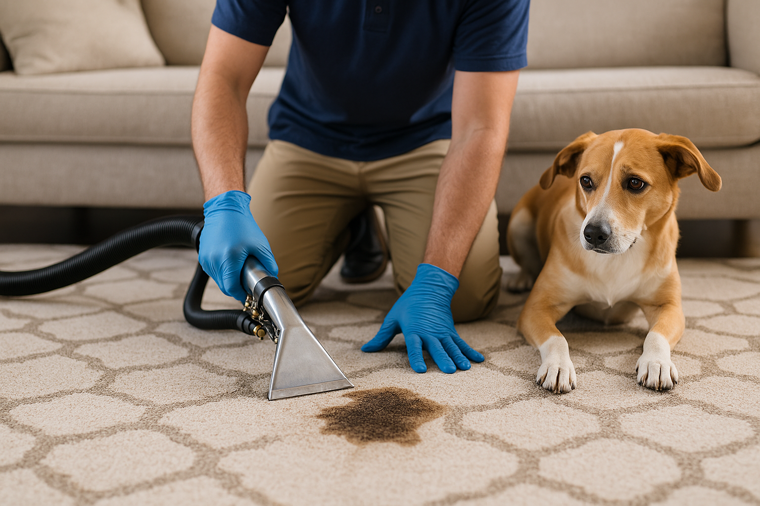 Person wearing blue gloves cleaning a dark stain on a beige patterned carpet with a vacuum cleaner nozzle while a brown and white dog lies nearby.