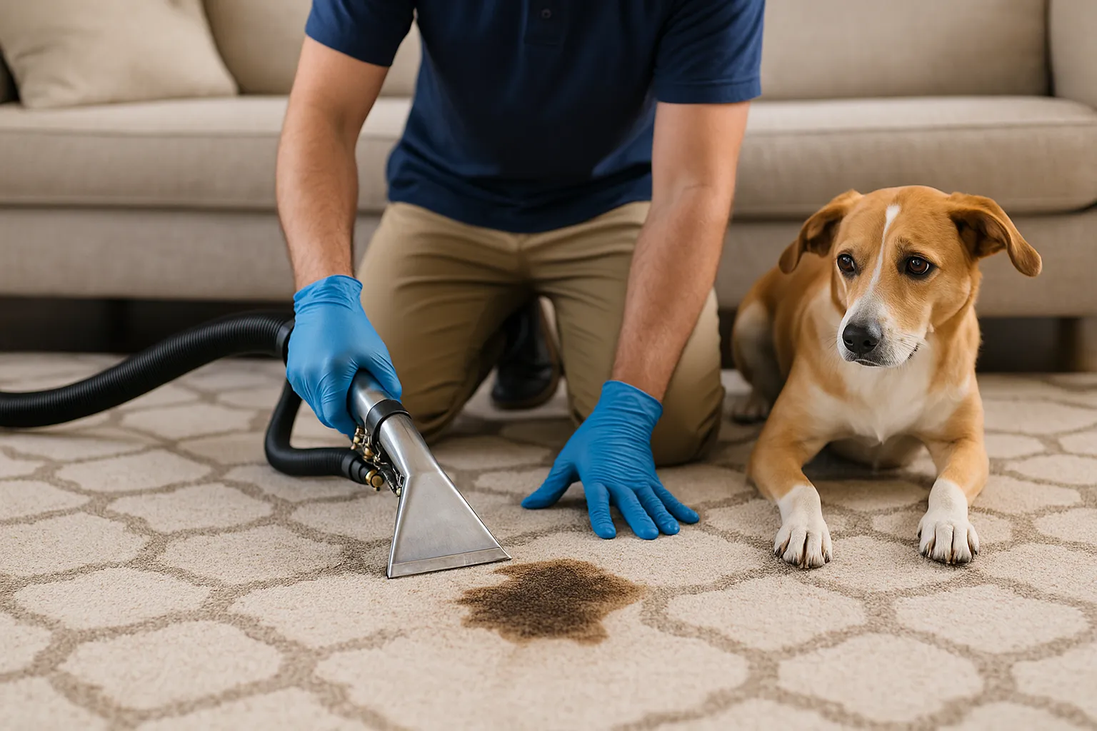 Person wearing blue gloves cleaning a dark stain on a beige patterned carpet with a vacuum cleaner nozzle while a brown and white dog lies nearby.