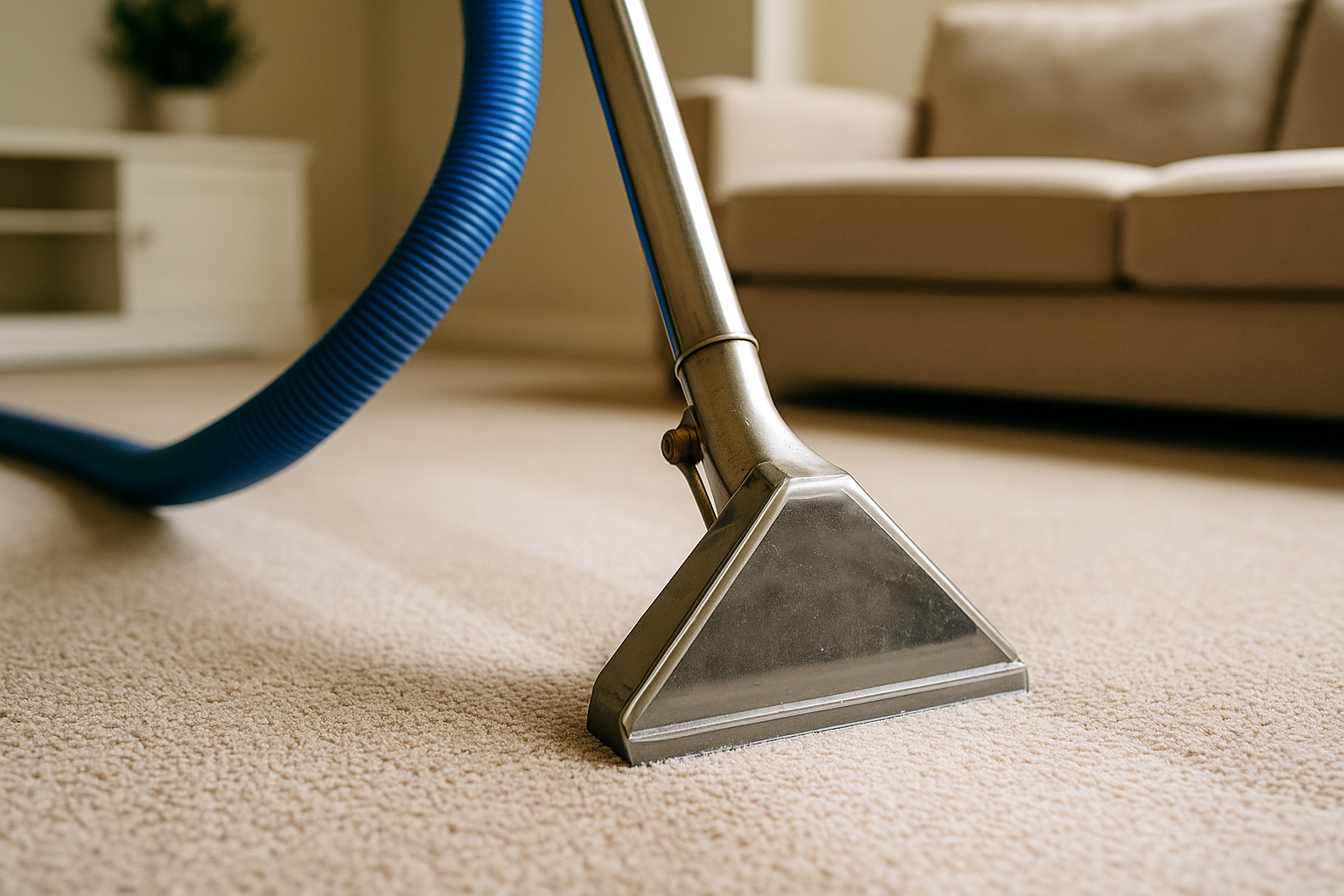 Close-up of a carpet cleaning vacuum nozzle with a blue hose on beige carpet in a living room with a sofa in the background.