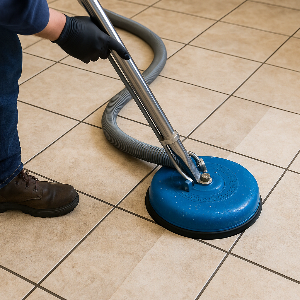 Person using a blue professional tile and grout cleaning machine on beige tiled floor, showing a clean section next to the dirty area.