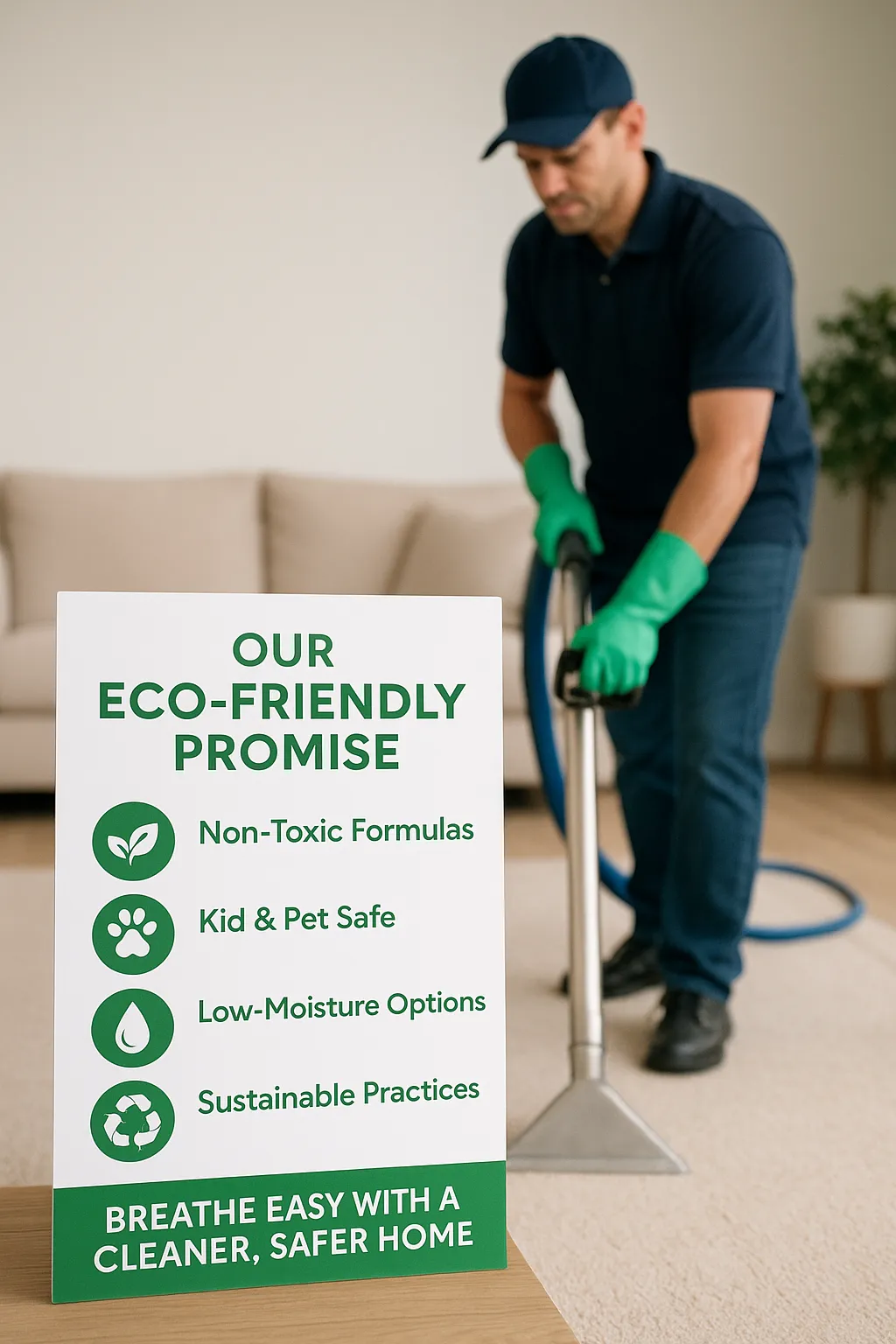 Sign listing eco-friendly cleaning promises including non-toxic formulas, kid and pet safety, low-moisture options, and sustainable practices, with a person vacuuming carpet in the background.