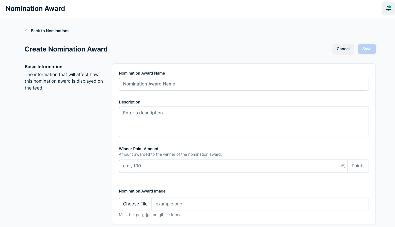 Create a nomination award via Nectar Nominations.