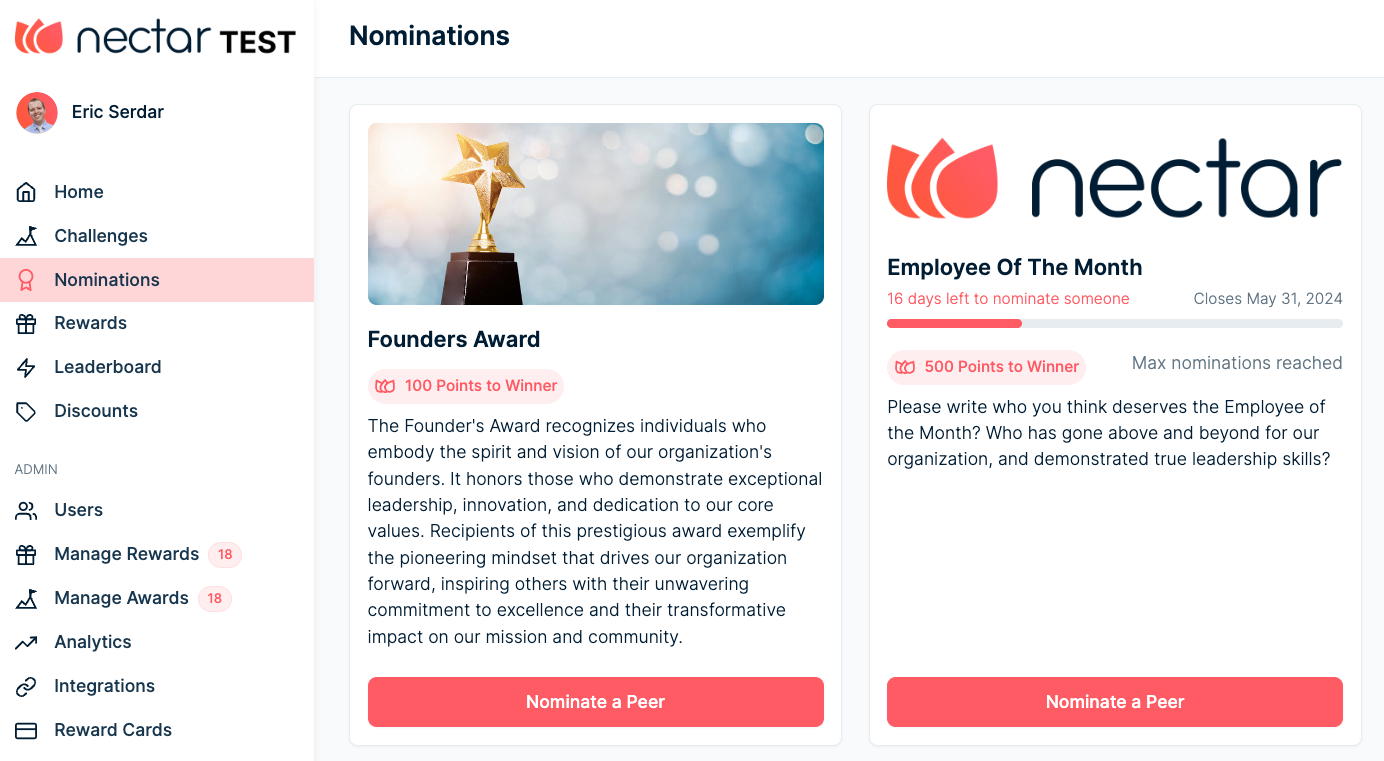When you get Nectar Nominations, employees will be able to see a Nominations tab to see what awards need submissions.