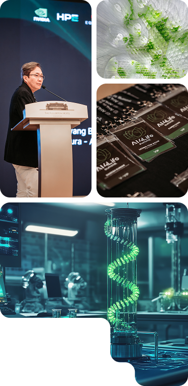 Collage including a person speaking at a podium with NVIDIA and HPE logos, a close-up of green plant cells, conference name badges, and a futuristic lab setup featuring a glowing DNA helix model.