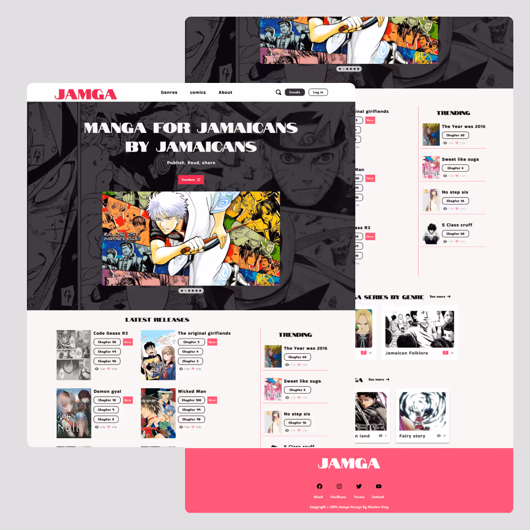 screenshot of split screen of the entire jamga homepage