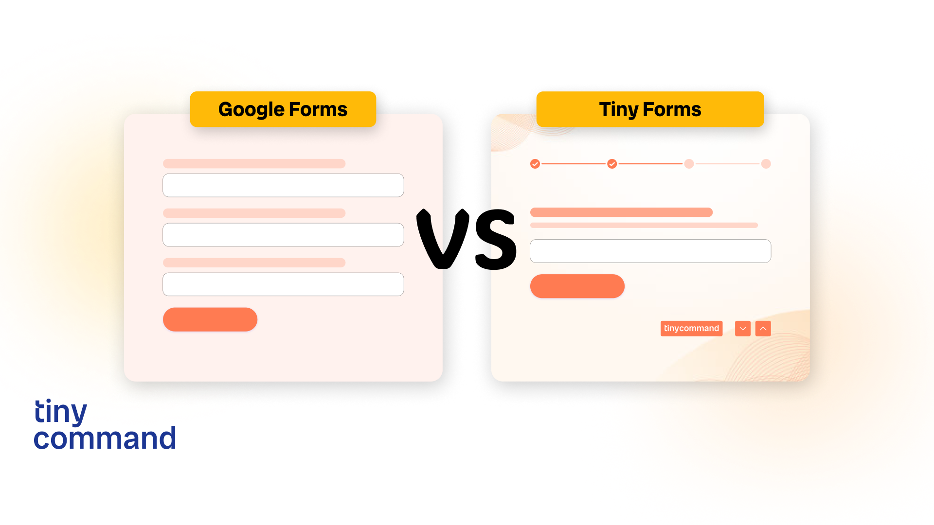 Comparison graphic of Google Forms versus Tiny Forms by Tiny Command. The Google Forms side shows a basic form layout, while the Tiny Forms side highlights a modern, customizable form design with progress indicators and branding options.