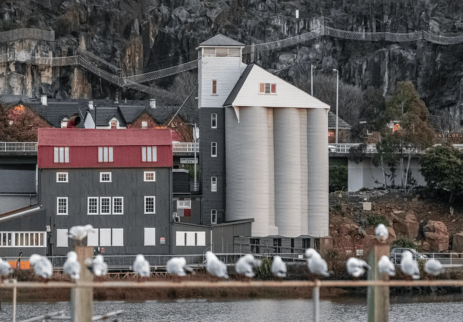 A line of seafulls sits on a post infront of a striking view of an old flourmill. It's been renovated and painted grey and antique red. In the background is a rockface. You can see the river water in the foreground. 