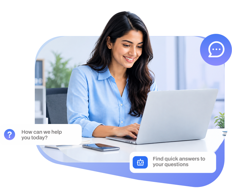 Support specialist smiling while working on a laptop. It helps accessibility and SEO.