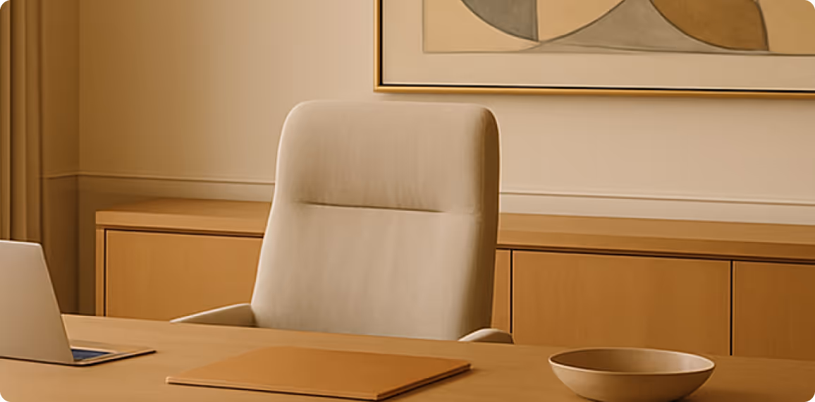 Modern beige office chair behind wooden desk with laptop, notebook, and bowl in a minimalist office.