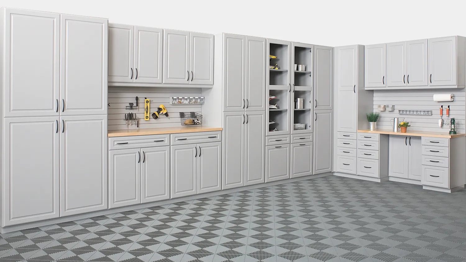 Reinforced cabinets and shelving capable of holding significant weight.