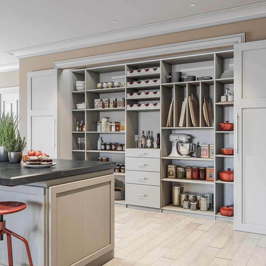 Closets by Design Modern Pantry in River Rock Brio finish