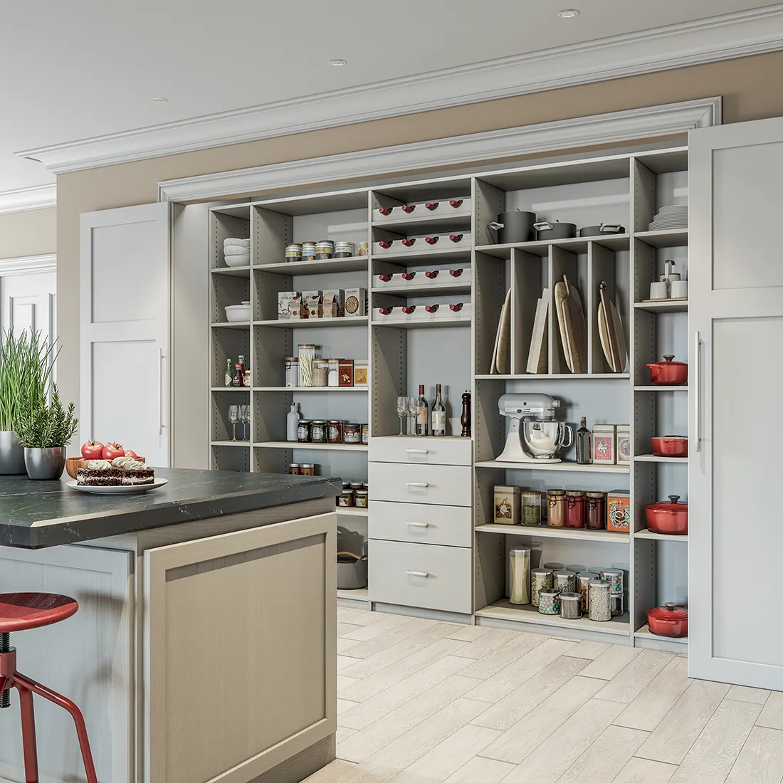 Closets by Design Modern Pantry in River Rock Brio finish