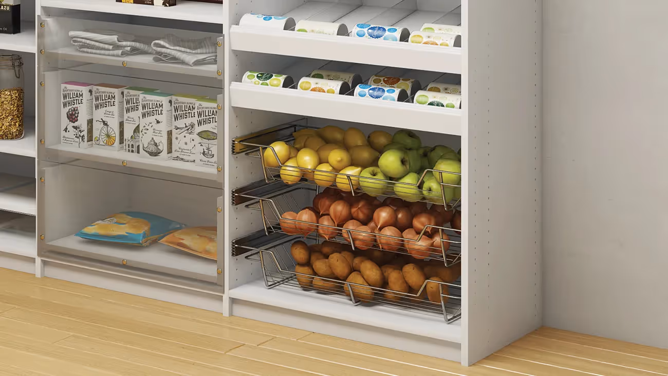 Pull-out baskets that keep produce fresh, visible, and within easy reach.