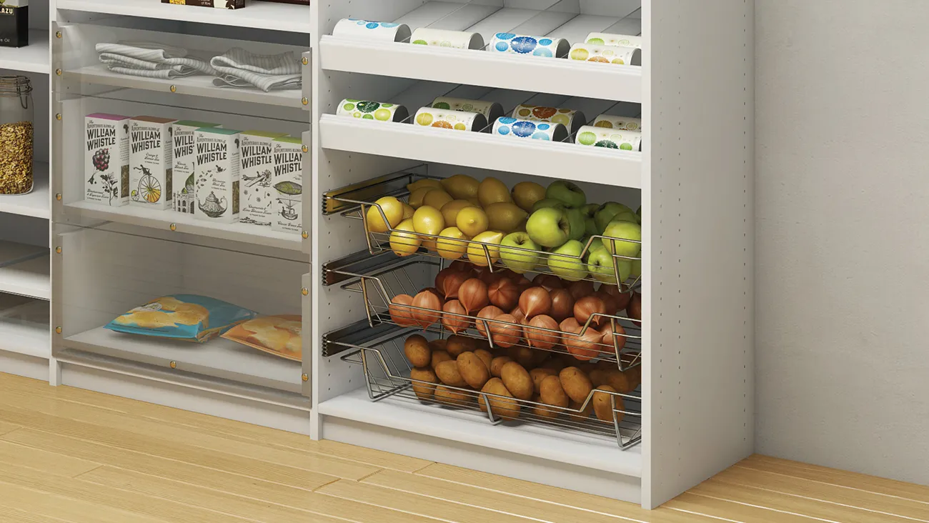 Pull-out baskets that keep produce fresh, visible, and within easy reach.