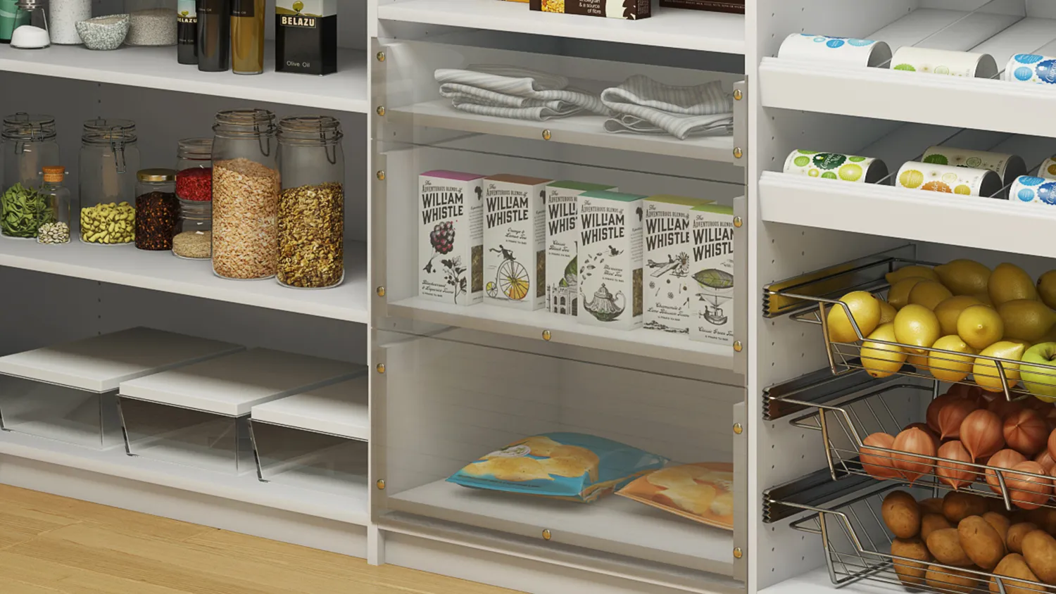 Lucite-front drawers let you see what’s inside without opening them.