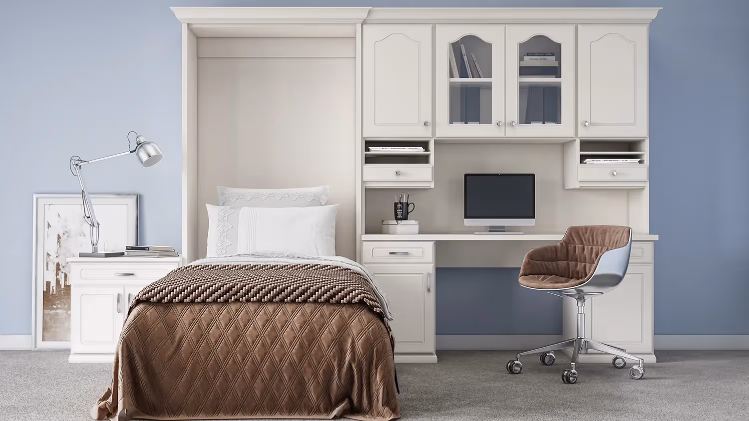 Closets by design transitional wallbed and office in antique white finish
