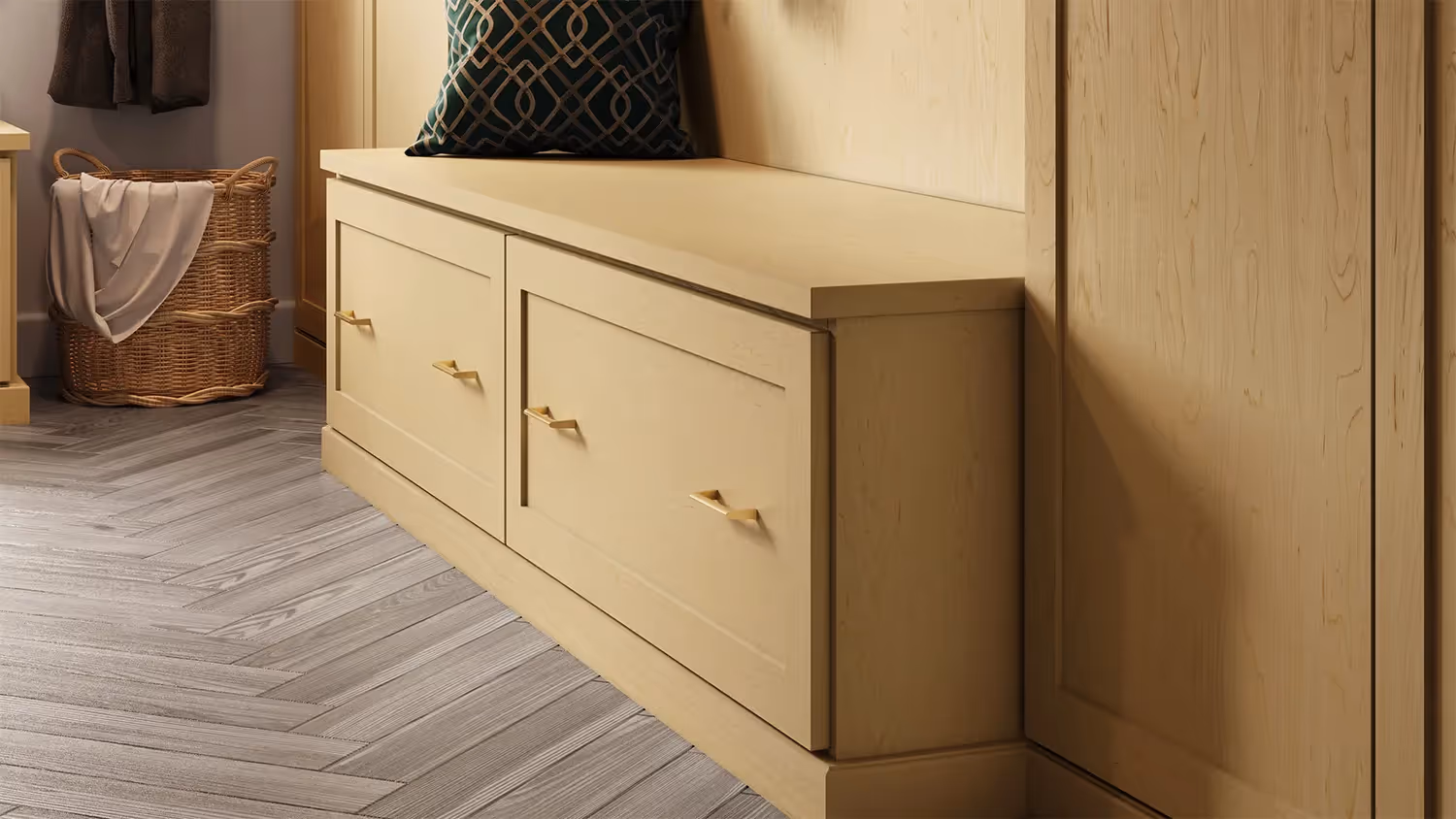 Closets by design modern mudroom in fusion maple everyday finish