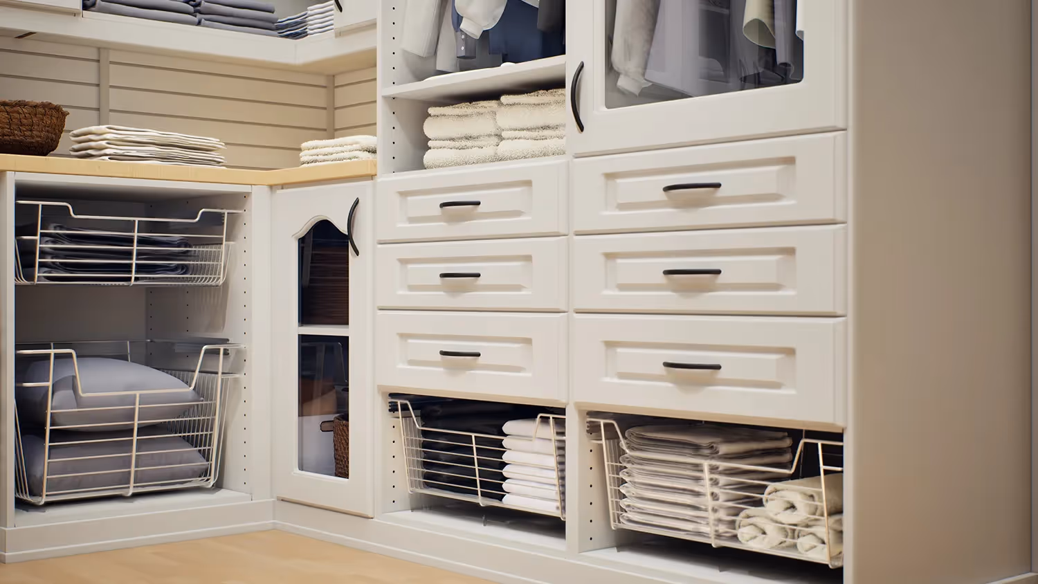 Accessories like pull-out chrome wire baskets that stand up to daily loads.