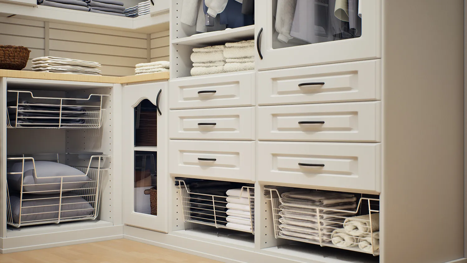 Accessories like pull-out chrome wire baskets that stand up to daily loads.