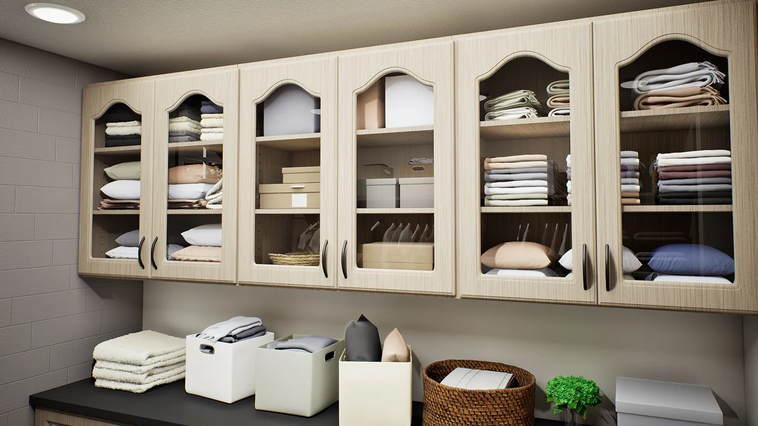 Sturdy shelving for laundry supplies and household essentials. 