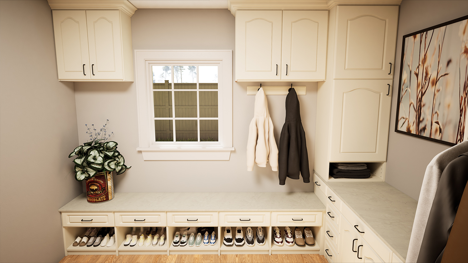 Sturdy benches and reinforced hooks for heavy bags.