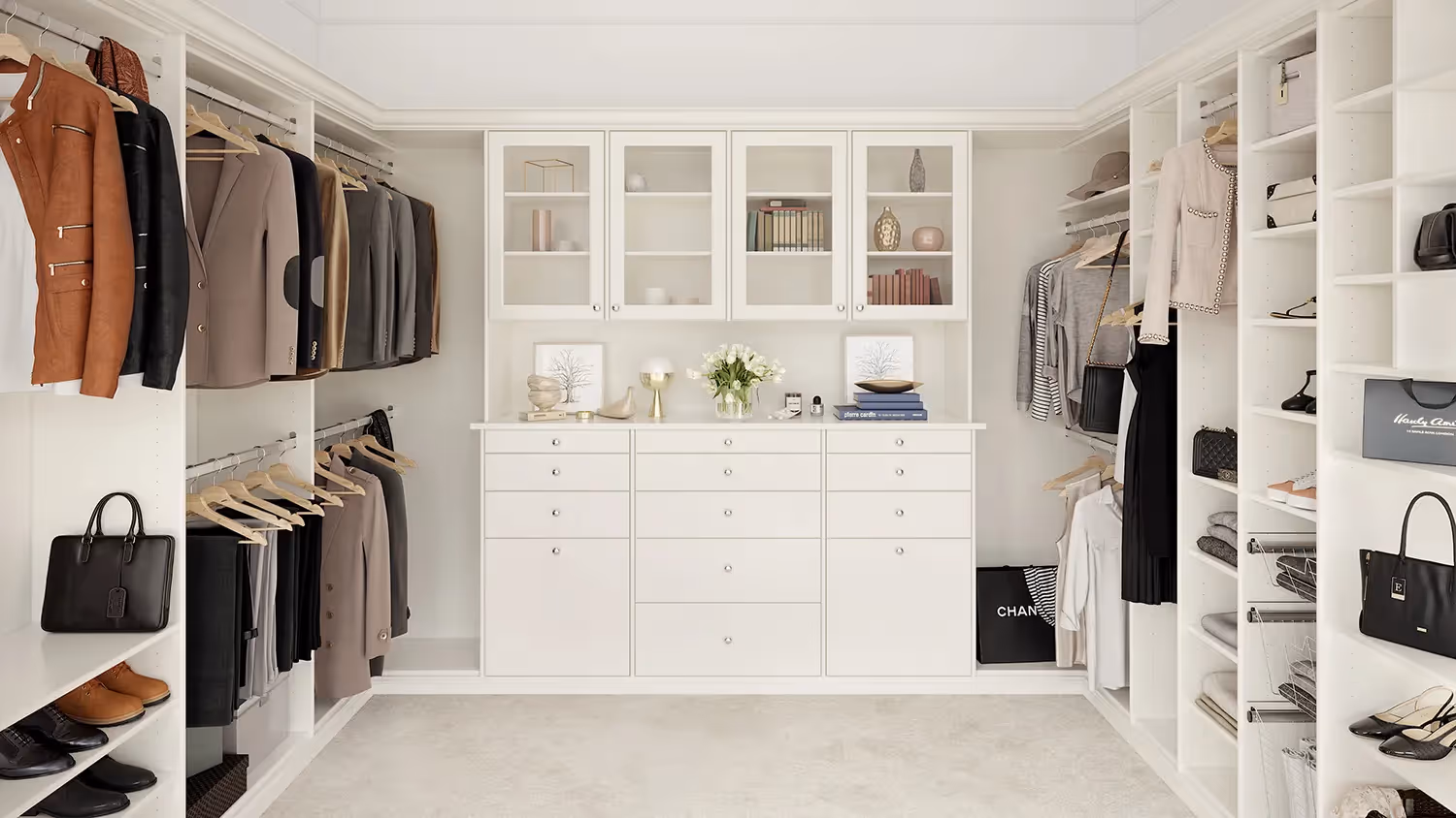 closets by design contemporary walk in closet in antique white classic finish