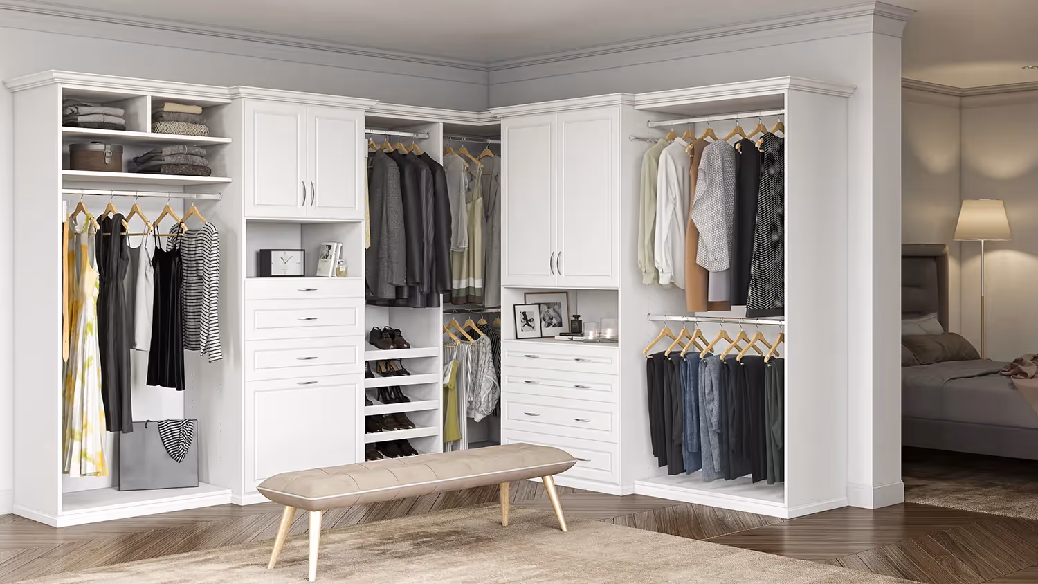 closets by design transitional walk in closet in white finish