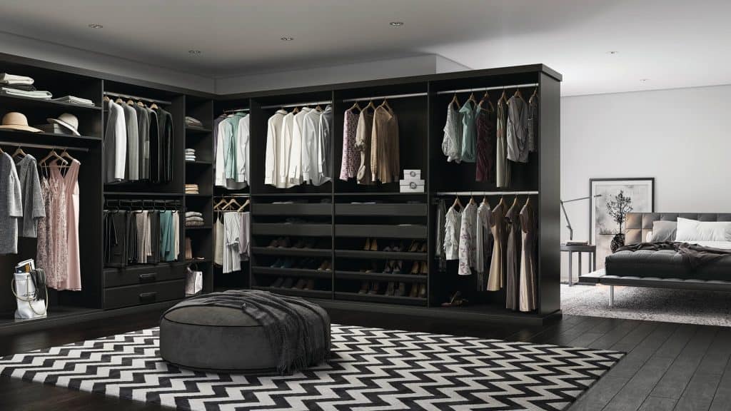 A walk-in closet with on-trend black and white decor.