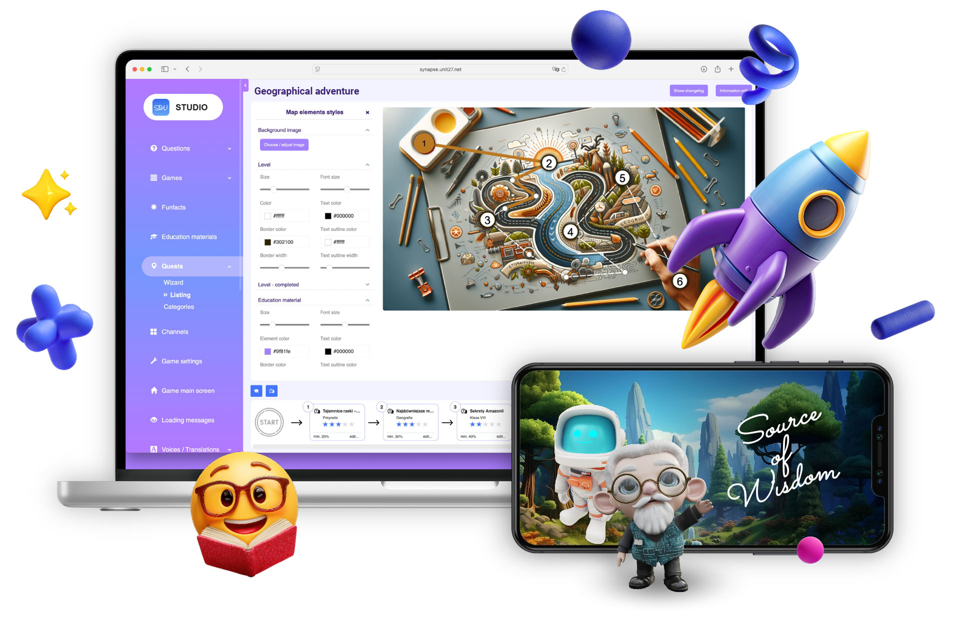 Przedstawia widok panelu admina SoW Studio do tworzenia poziomów gry