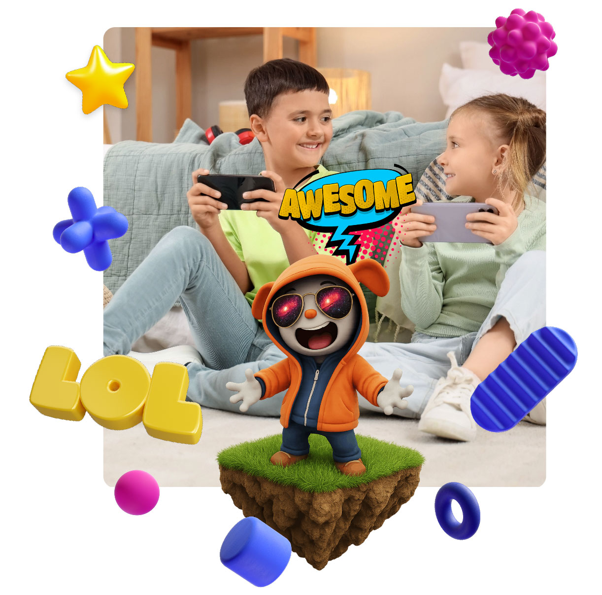 Grupa ludzi trzymająca telefony w górze, uśmiechając się i celebrując wspólny moment