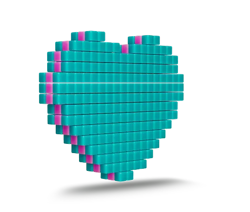3D pixelated heart shape composed of turquoise and pink blocks casting a shadow on a black background.