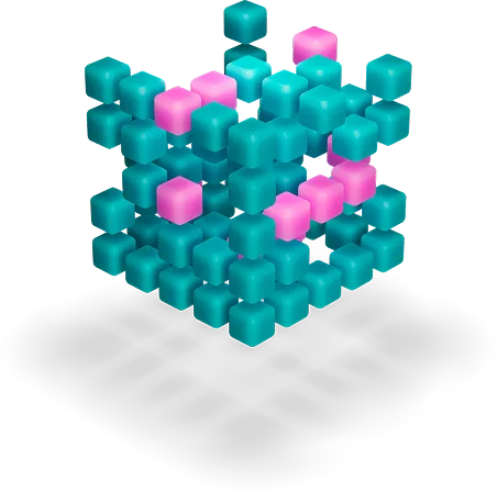 3D grid of teal cubes with a cluster of pink cubes in the middle, representing data, structure, or a network.