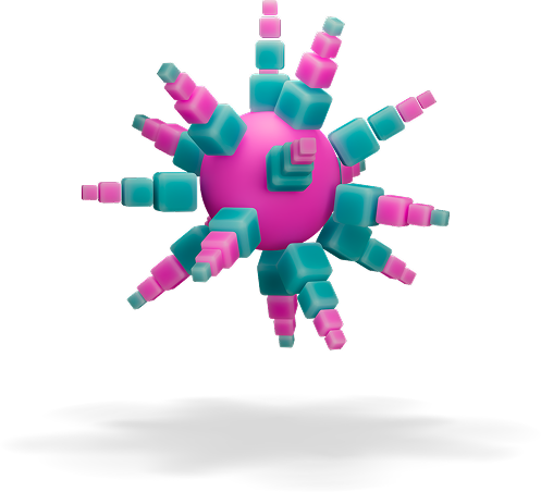 A 3D abstract shape featuring a central pink sphere with multiple cyan and pink cube stacks radiating outward in various lengths and directions on a black background.