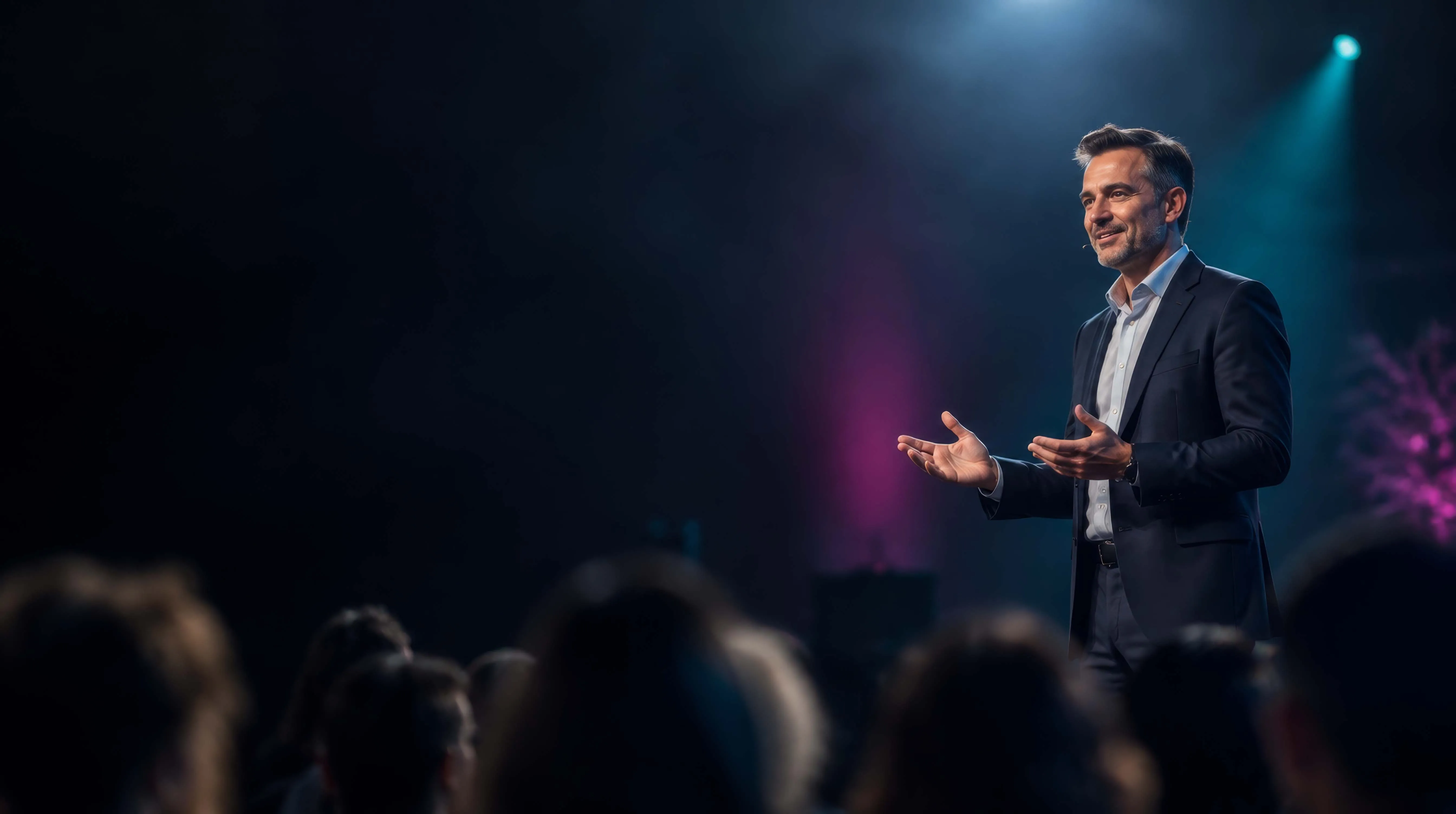 A confident presenter delivers a presentation to an engaged audience