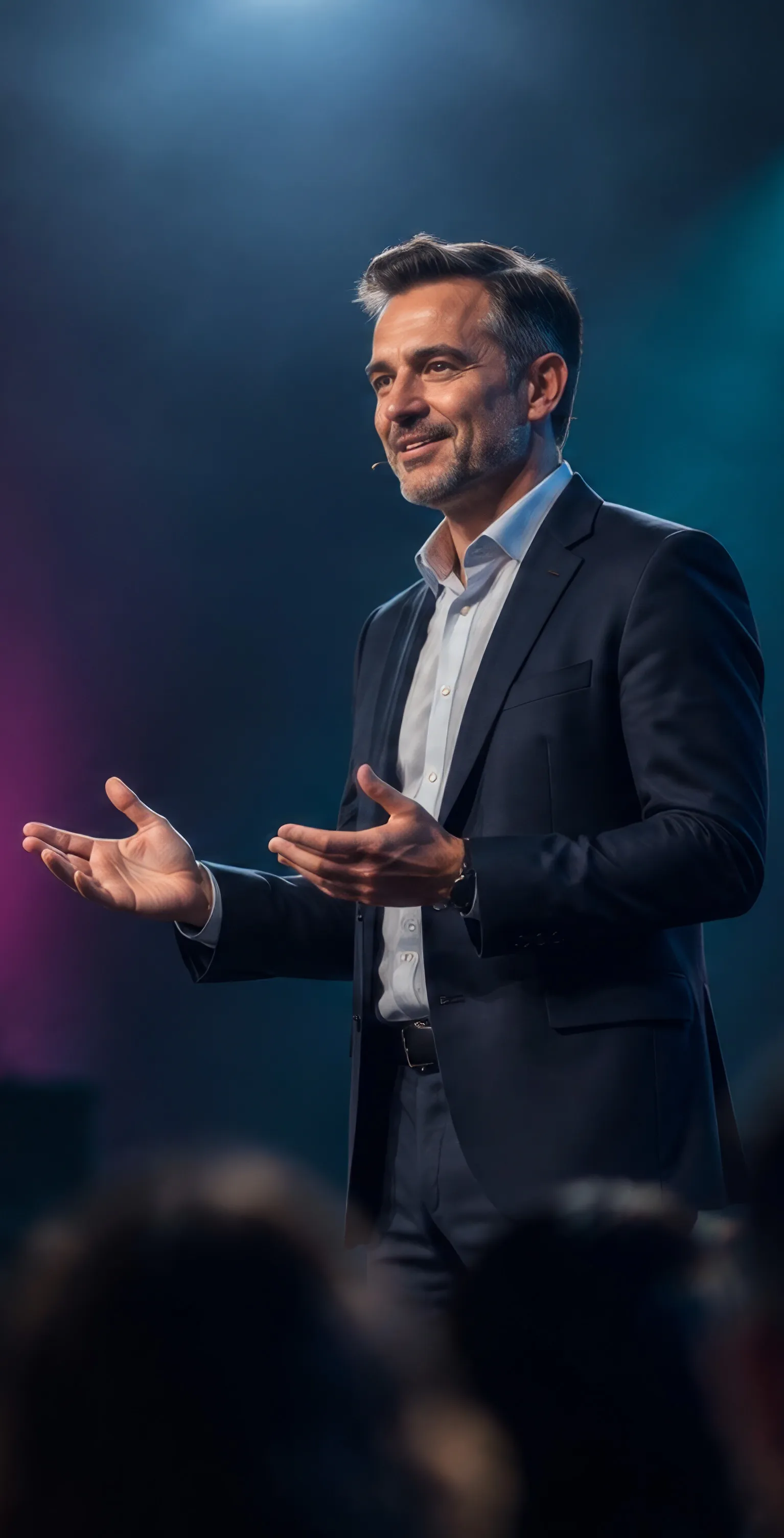 A confident presenter delivers a presentation to an engaged audience