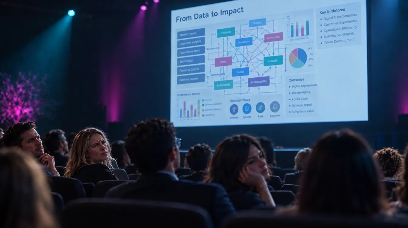 Audience looking puzzled at a cluttered data-heavy presentation slide