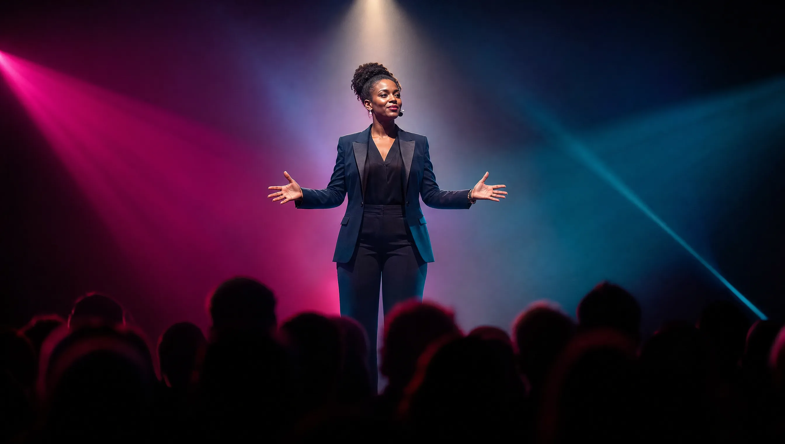Confident presenter speaking under stage lights
