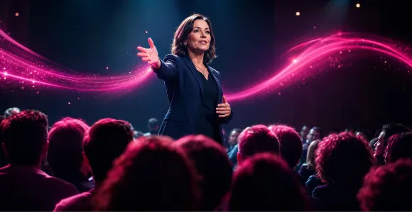 Presenter telling a story on stage to an engaged audience