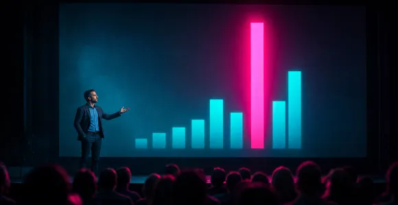 Presenter beside a large, clear bar chart on a conference screen