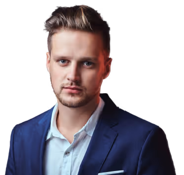 A man in a blue jacket and white shirt.