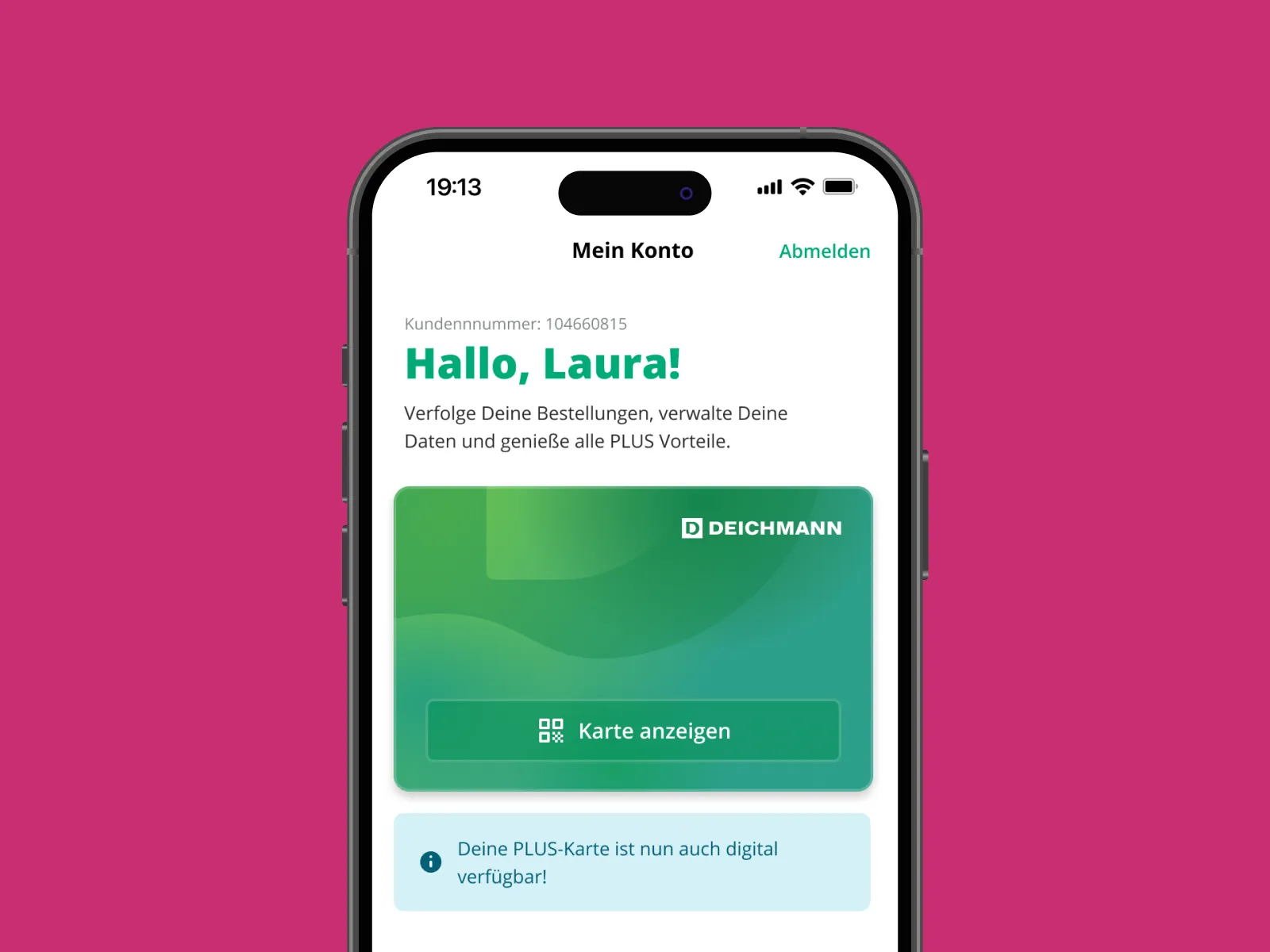 User interface of the Deichmann app, displaying account details, on dark, pink background.