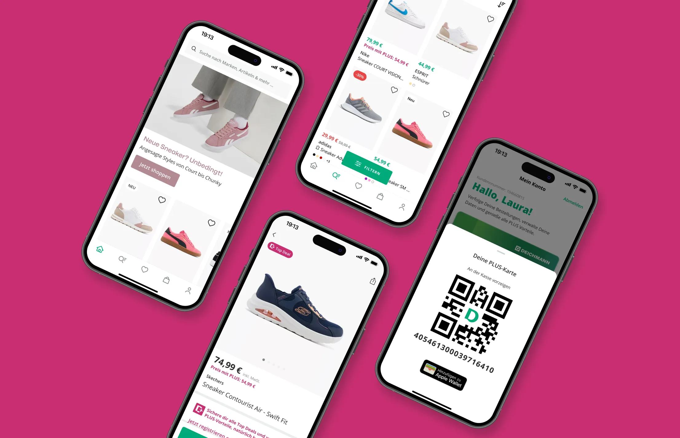 Mobile screens featuring the Deichmann shopping app with a prominent QR code for easy access.