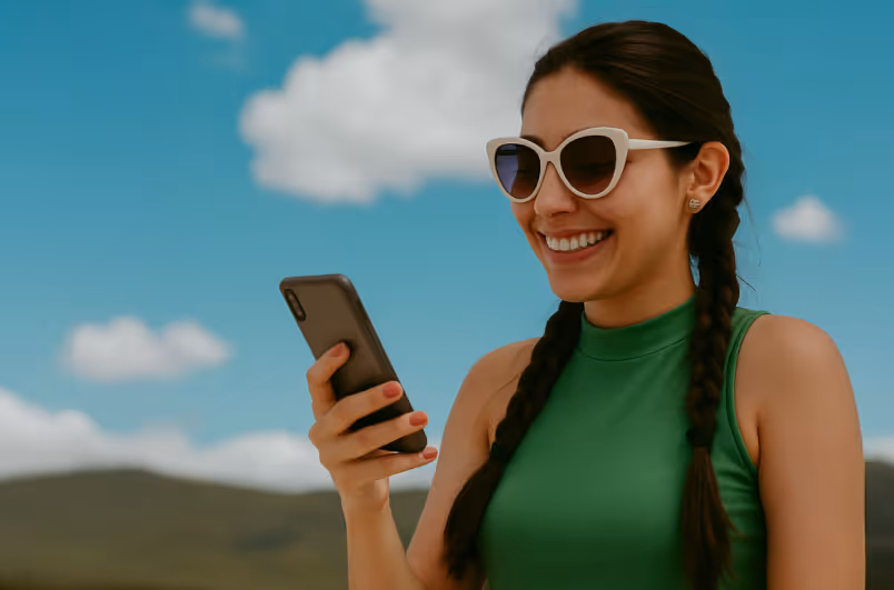In front of a Porsche dealership, a man gives a car key to a woman.