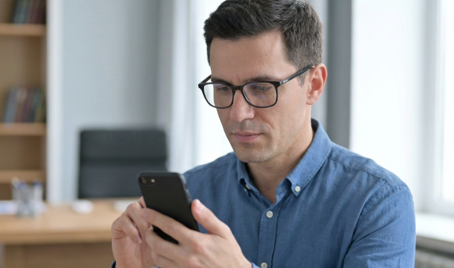 A man driving a car with blue lights illuminated, focused on the road ahead.