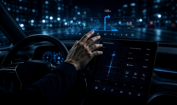 A man driving a car with blue lights illuminated, focused on the road ahead.