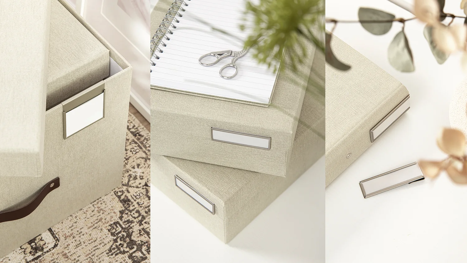 Close-up collage of Bigso storage boxes in beige fabric with detachable label holder clips. The images highlight how the metal clips can be easily attached or removed, helping to organize and customize storage solutions. Featured on Bigso’s News page about label holder clips.